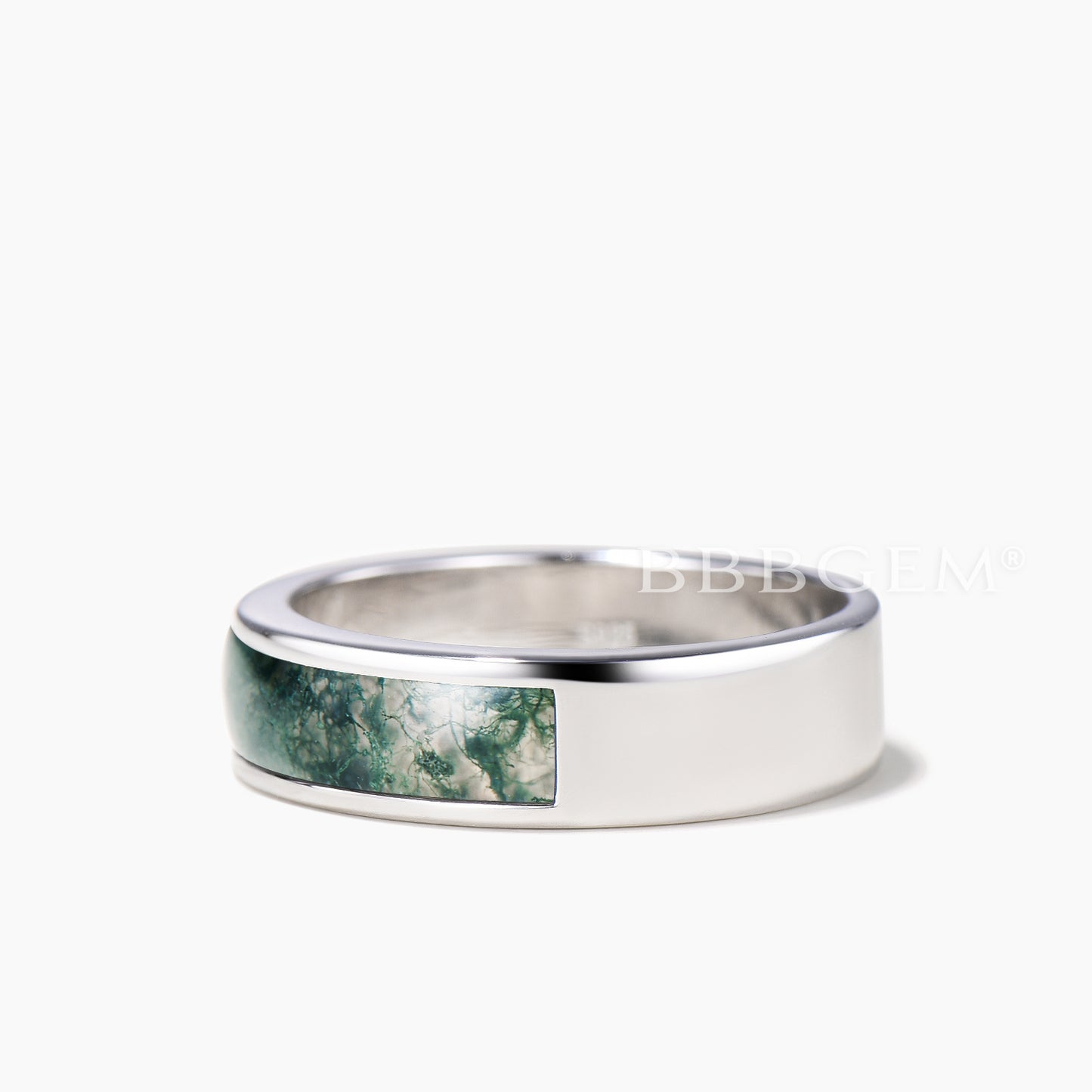 7mm Half Eternity Bezel Mens Wedding Band Natural Moss Agate White Gold Ring