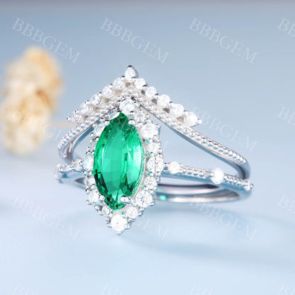 Marquise Emerald Engagement Ring Unique Wedding Ring Set V Curved Stacking Band