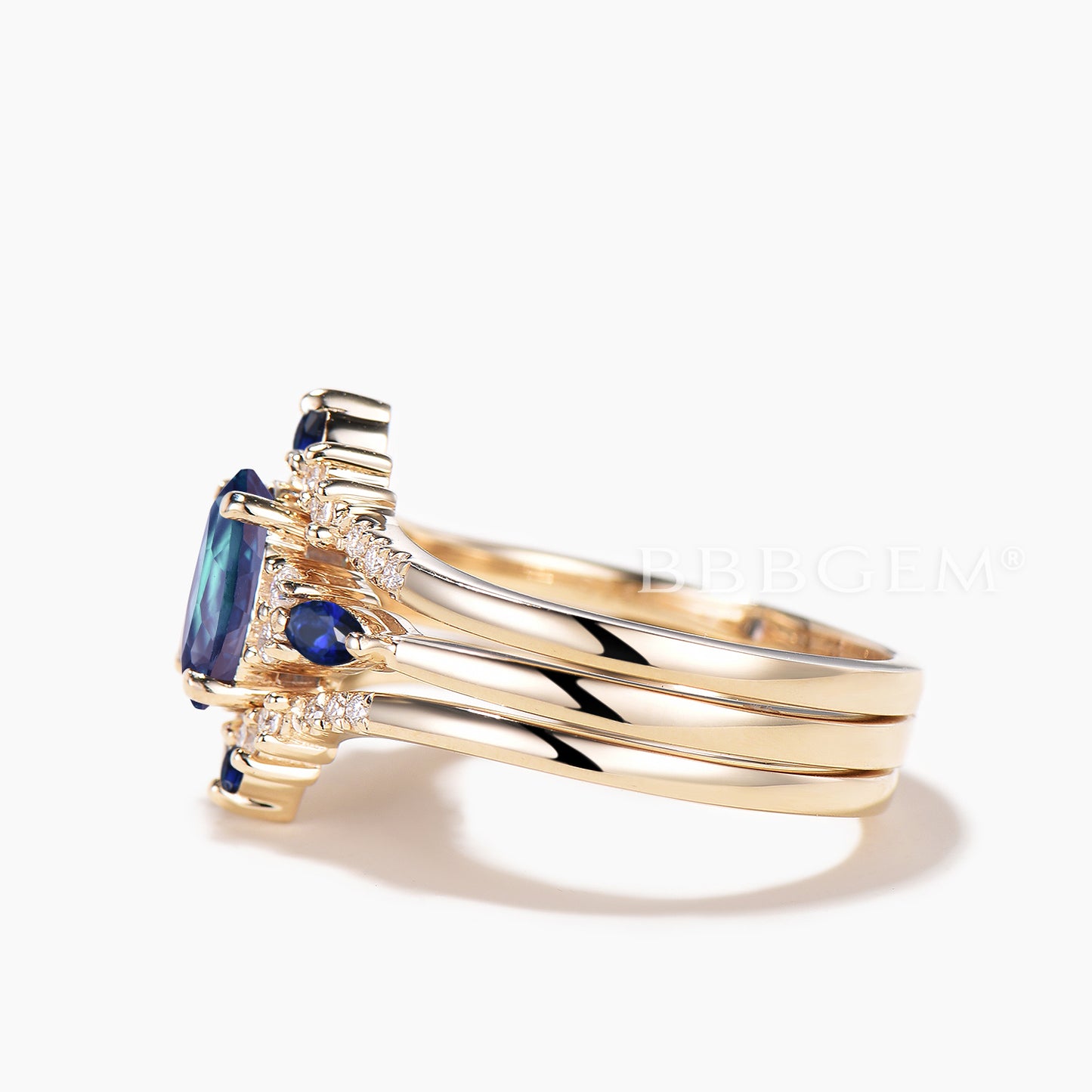 3pc Bridal Set 1.5CT Oval Cut Color-change Alexandrite Ring Diamond Curved Band