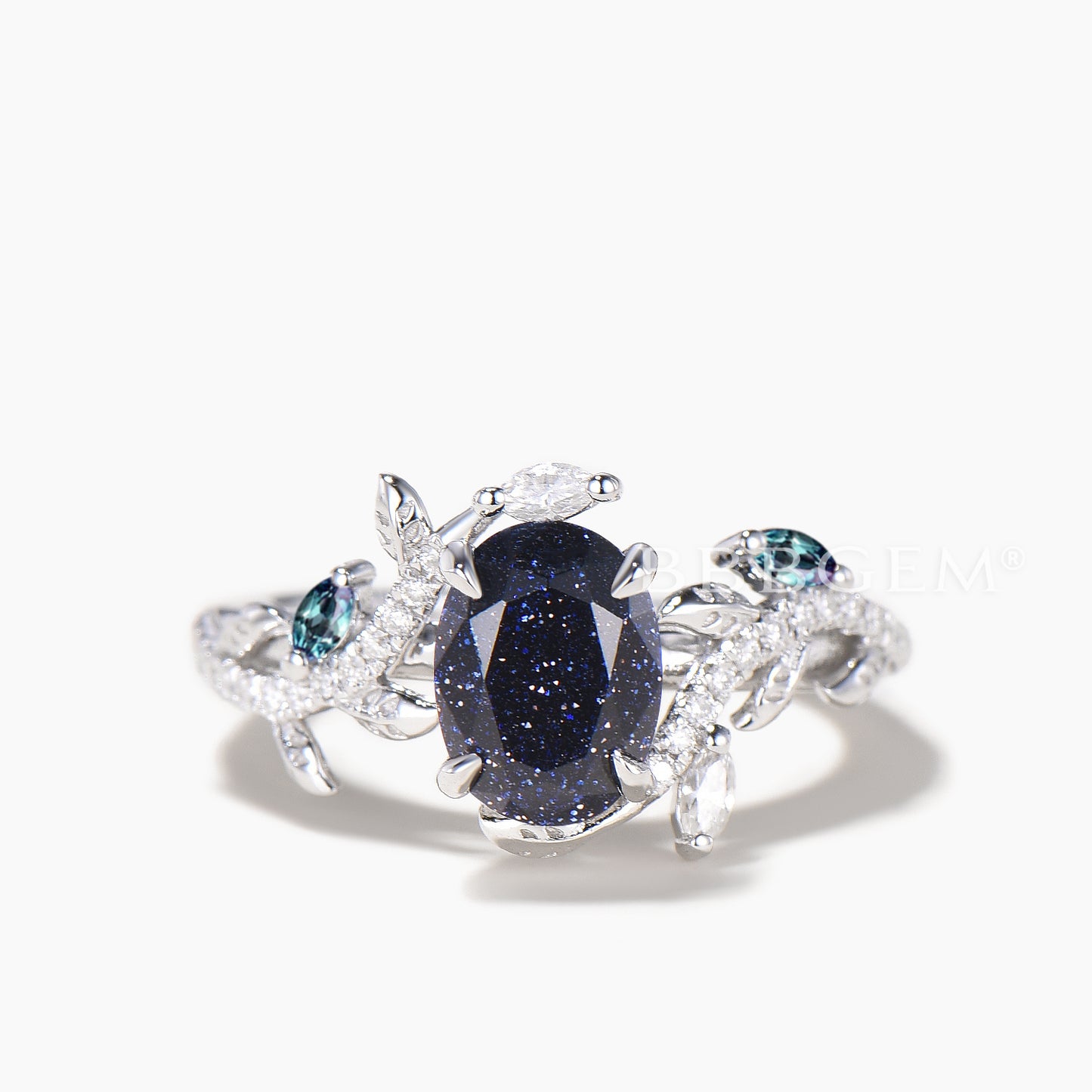 Oval Cut Blue Sandstone Nature Inspired Ring Alexandrite Diamond Twisted Ring