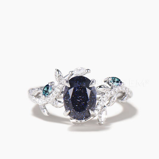 Oval Cut Blue Sandstone Nature Inspired Ring Alexandrite Diamond Twisted Ring