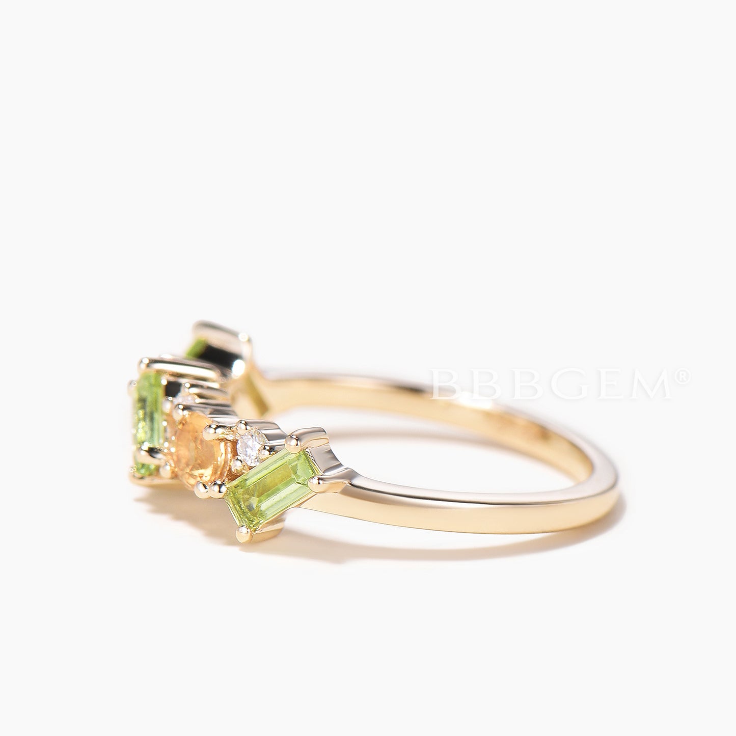 Round Natural Citrine Baguette Peridot Wedding Ring Moissanite Stacking Band