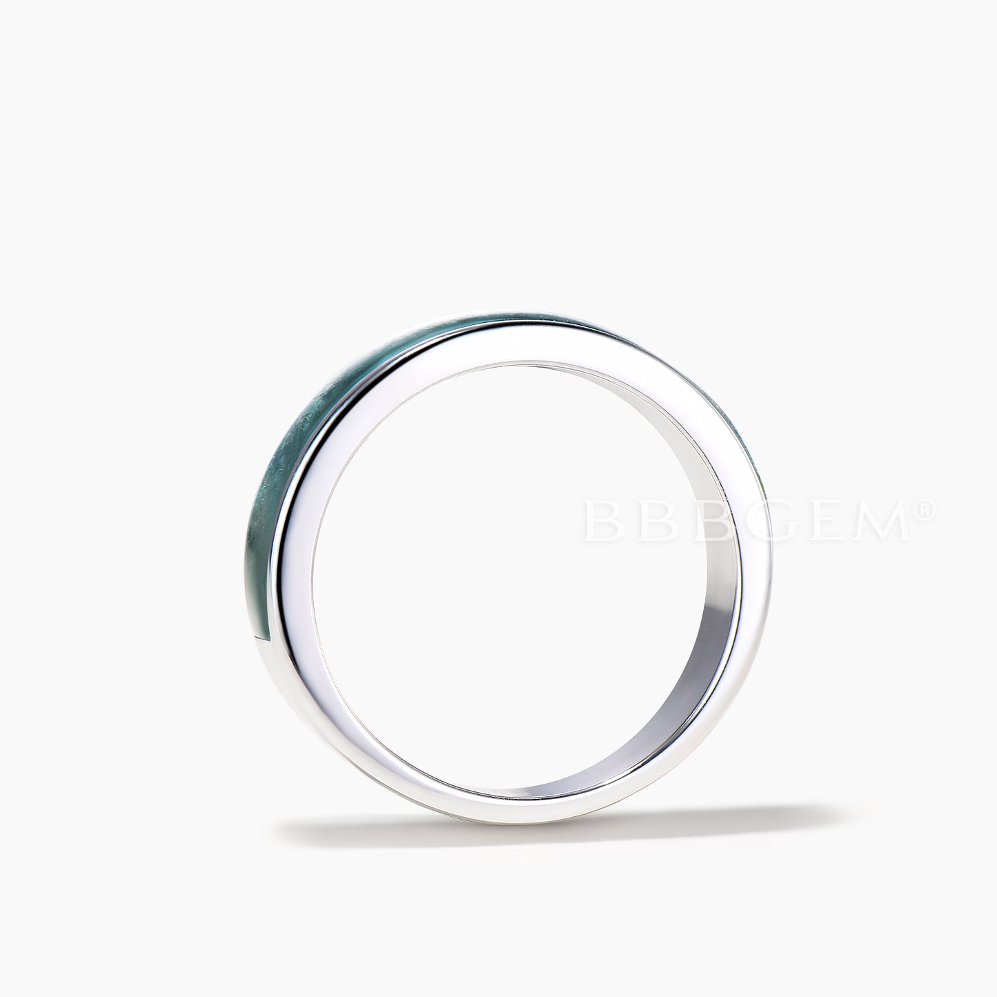 7mm Half Eternity Bezel Mens Wedding Band Natural Moss Agate White Gold Ring