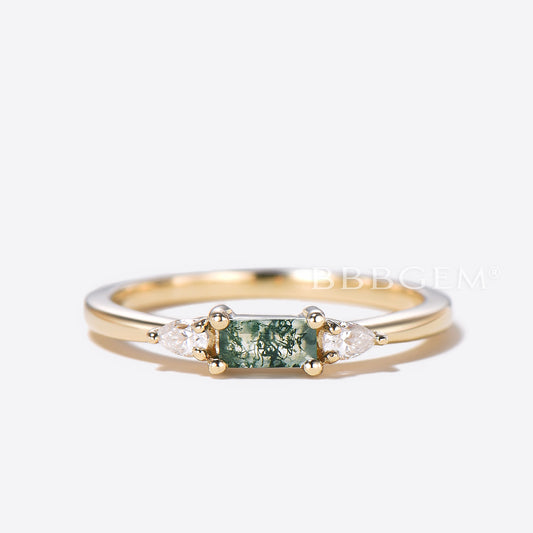 Minimalist Baguette Green Moss Agate Wedding Ring Three Stone Moissanite Stacking Band Dainty Yellow Gold Ring