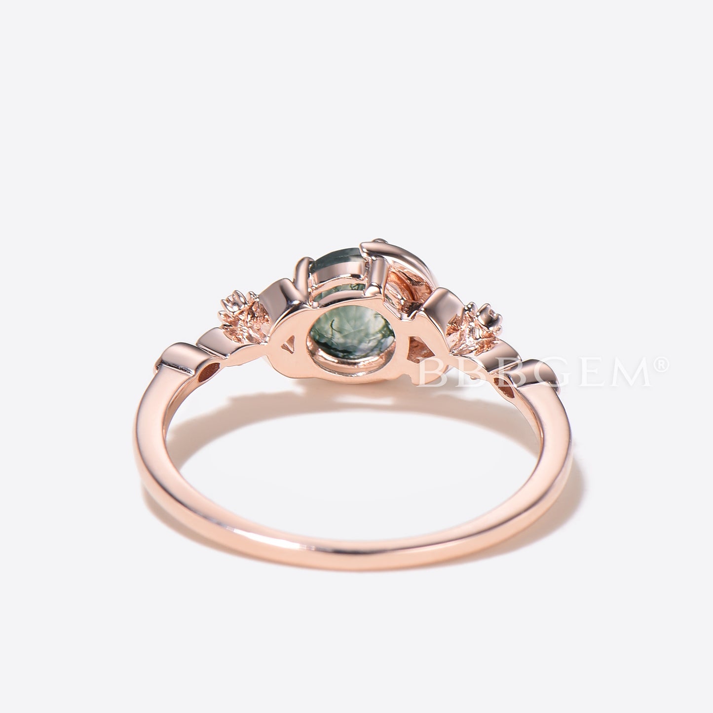 Celestial Moon Round Cut Genuine Moss Agate Diamond Ring