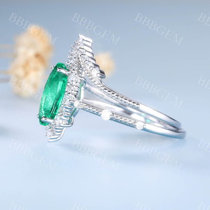 Marquise Emerald Engagement Ring Unique Wedding Ring Set V Curved Stacking Diamond Band