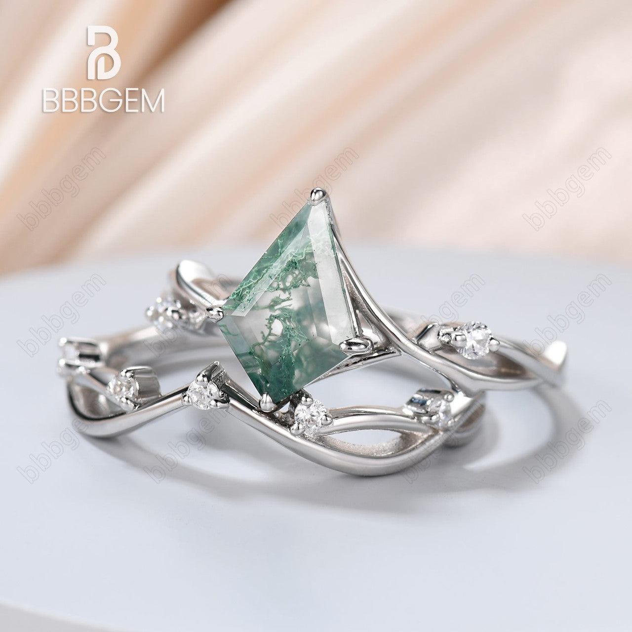 Twig Kite Cut Green Moss Agate Engagement Ring Set -14k white gold green moss agate diamond wedding ring set-moss agate leaf ring set