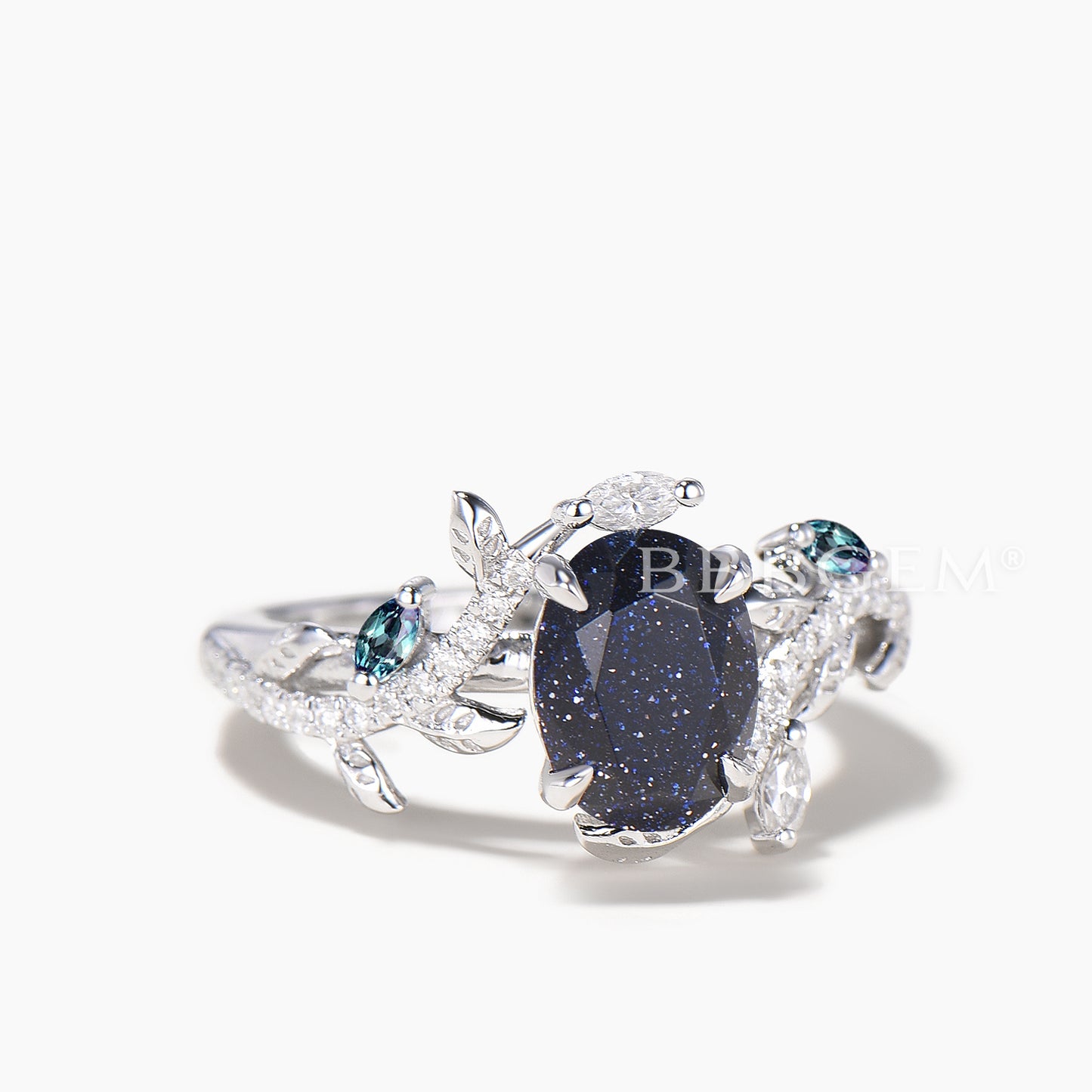 Oval Cut Blue Sandstone Nature Inspired Ring Alexandrite Diamond Twisted Ring