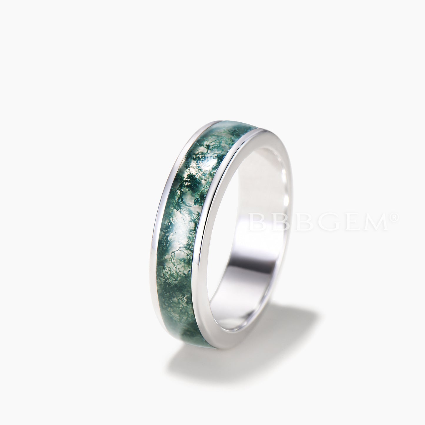 7mm Half Eternity Bezel Mens Wedding Band Natural Moss Agate White Gold Ring