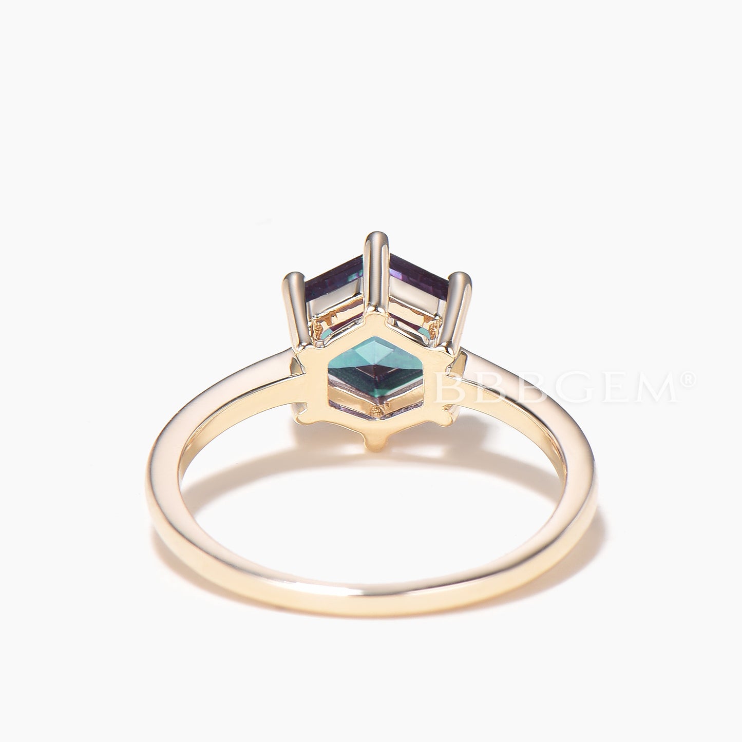 Hexagon Cut Color-change Alexandrite Rose Gold Solitaire Engagement Ring