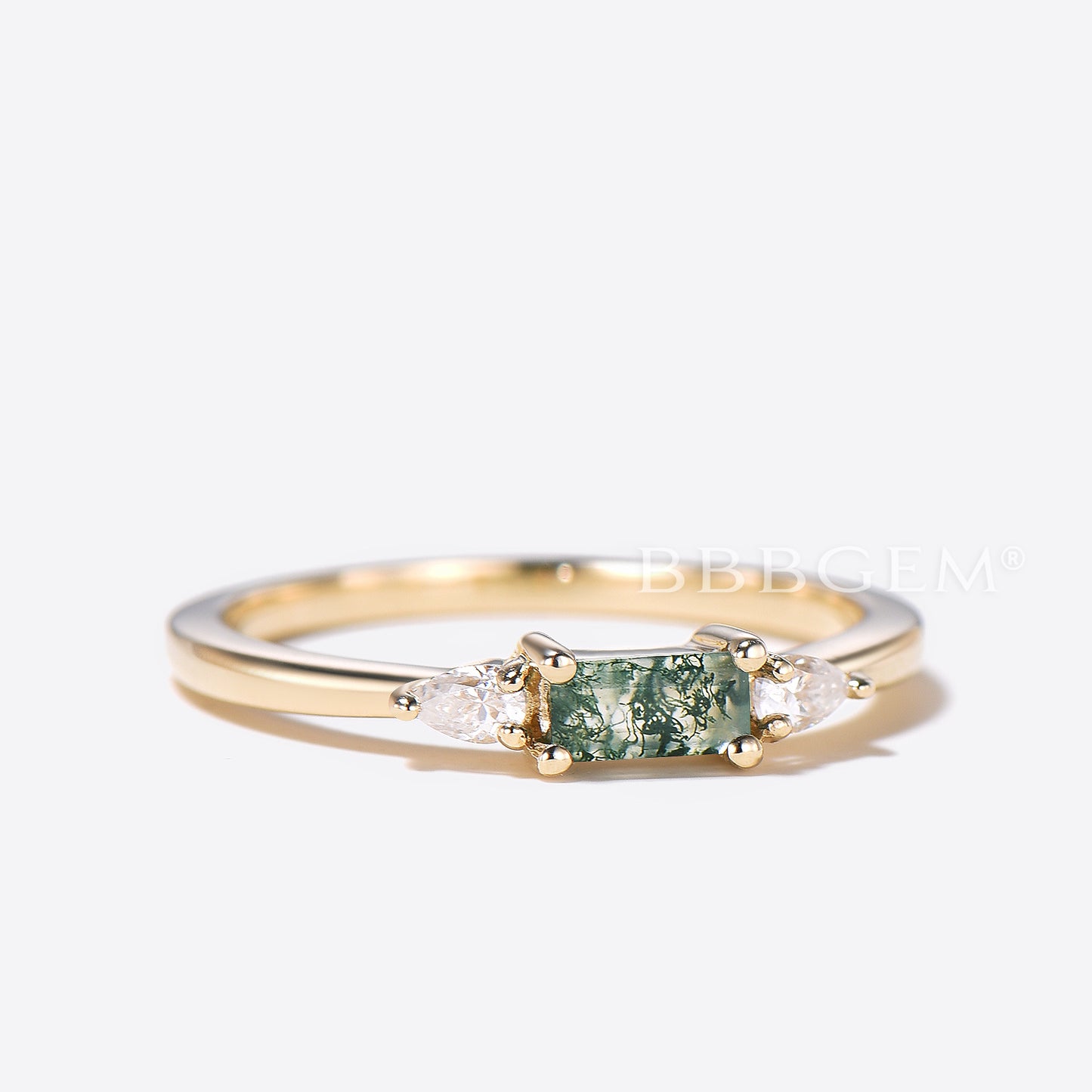 Minimalist Baguette Natural Moss Agate Wedding Band Three Stone Diamond Ring