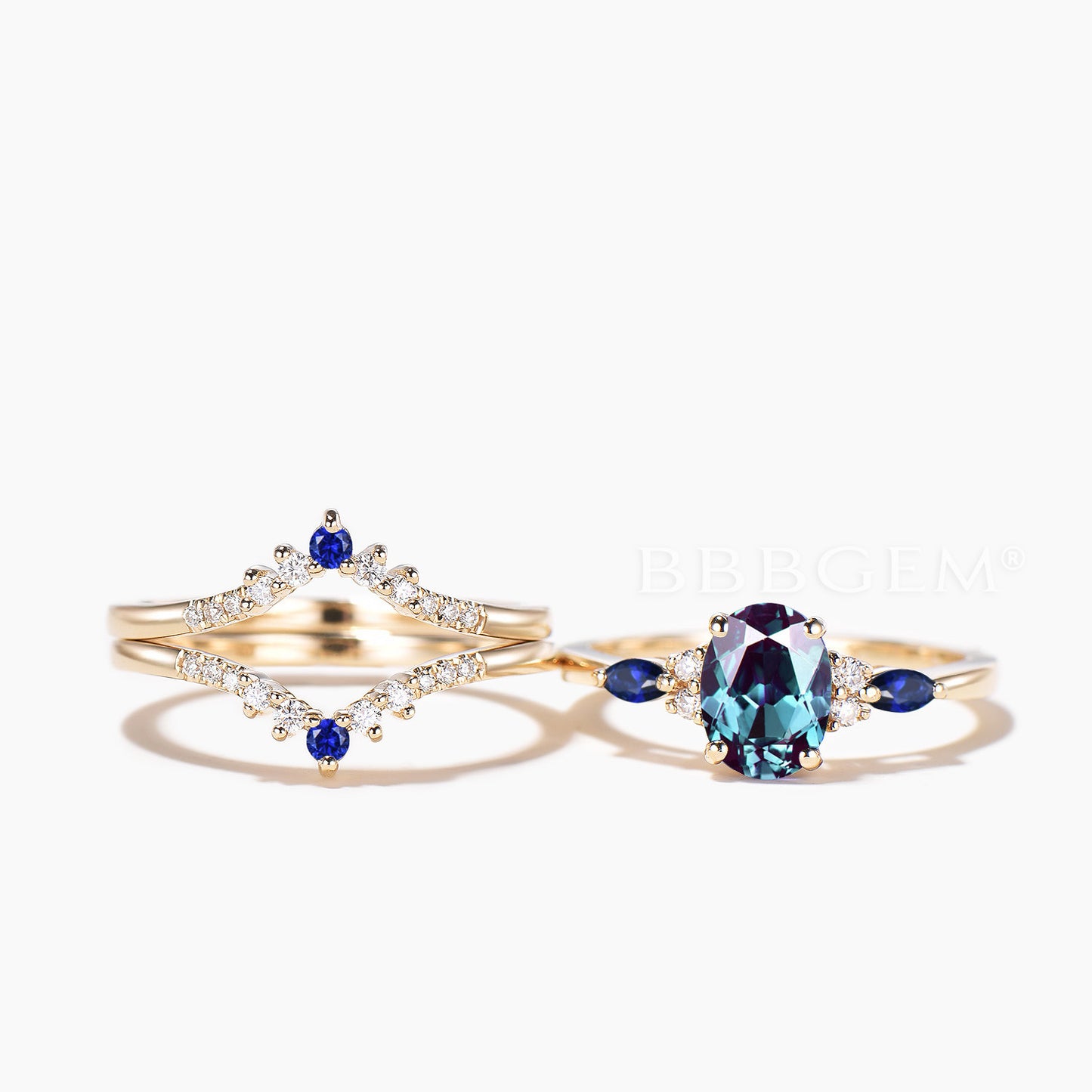 3pc Bridal Set 1.5CT Oval Cut Color-change Alexandrite Ring Diamond Curved Band