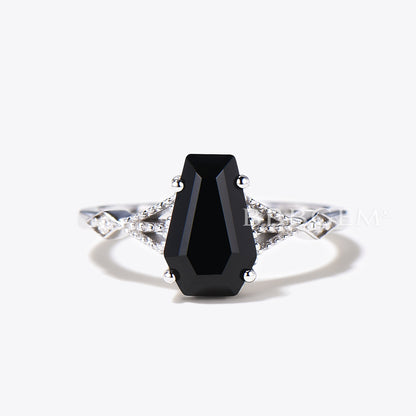 Coffin Cut Black Onyx Engagement Ring Set With Moissanite Leaf Curve Band Rose Gold Ring