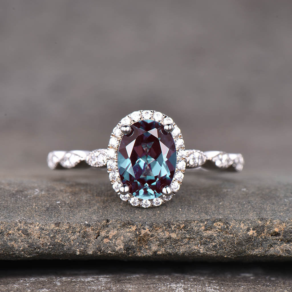 oval cut Alexandrite Halo Diamond Engagement Ring