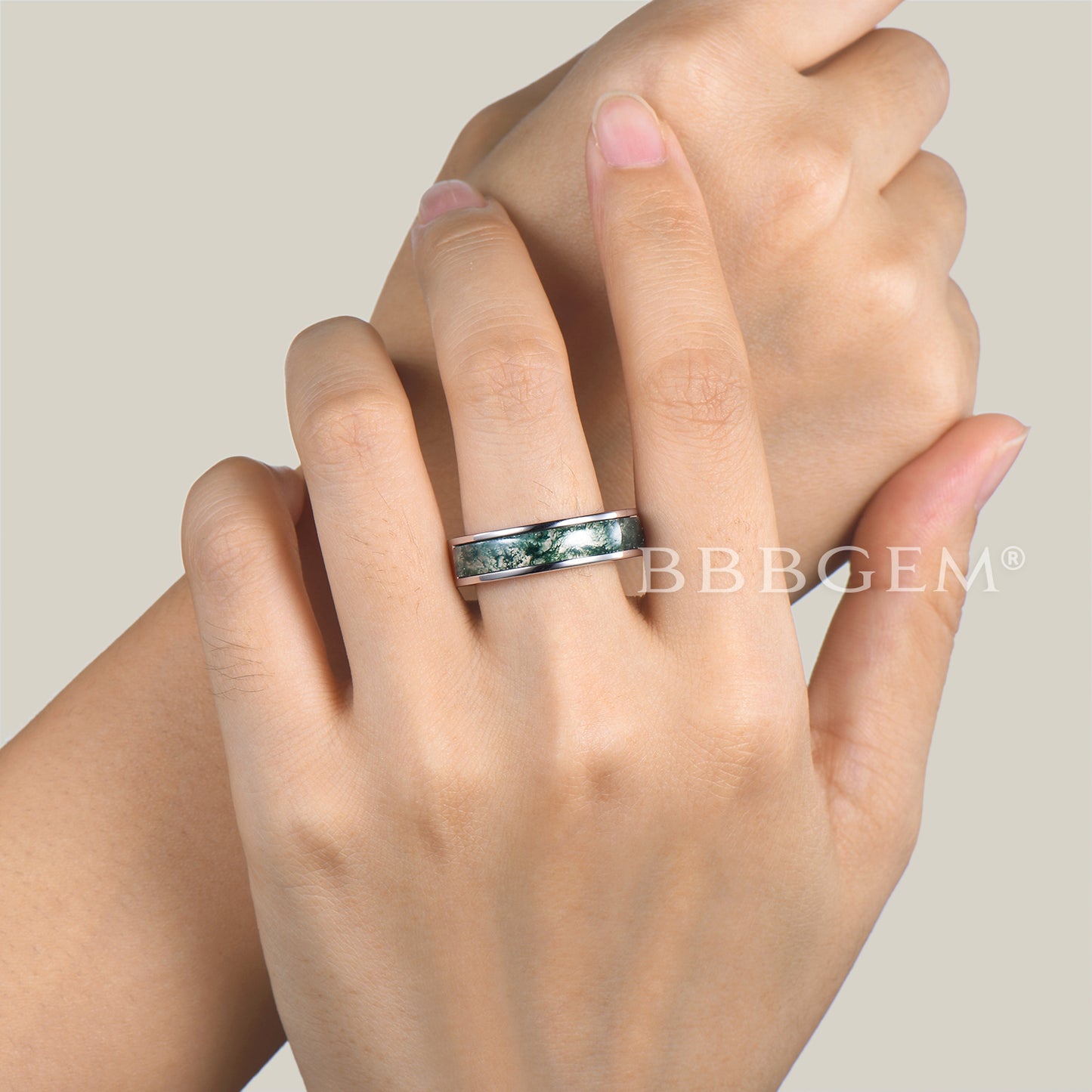 7mm Half Eternity Bezel Mens Wedding Band Natural Moss Agate White Gold Ring