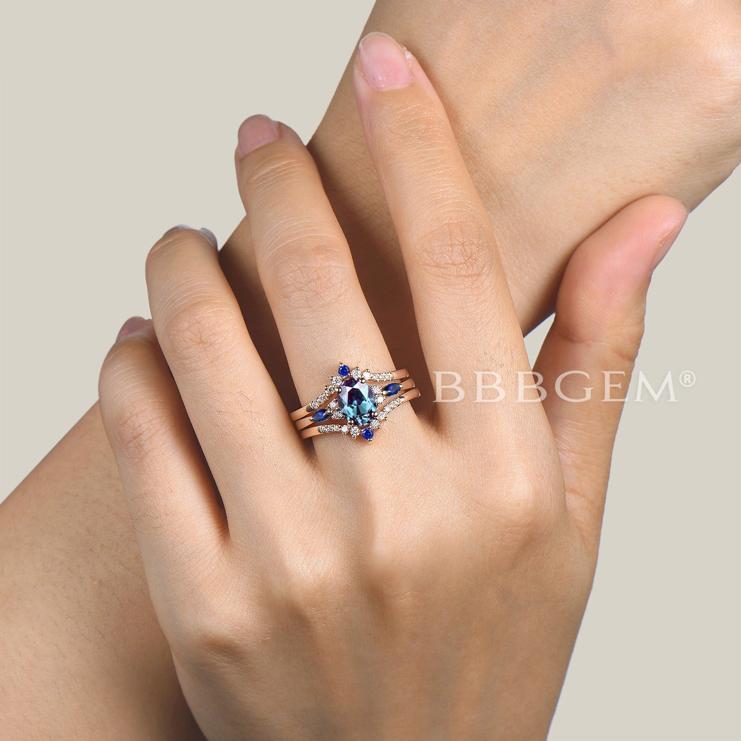 3pc Bridal Set 1.5CT Oval Cut Color-change Alexandrite Ring Diamond Curved Band