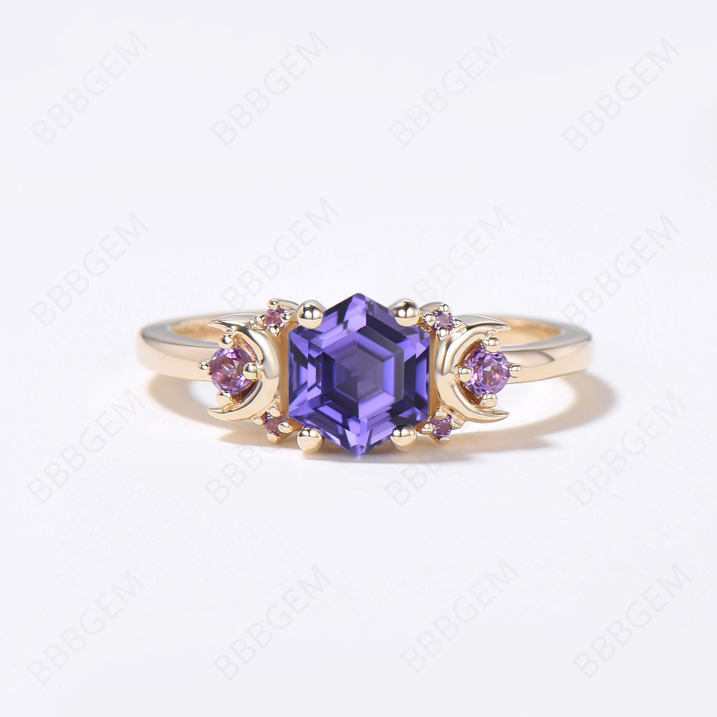 Moon Purple Sapphire Engagement Ring Cluster Hexagon Ring