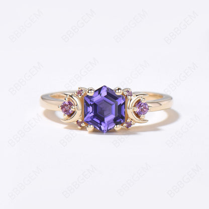 Moon Purple Sapphire Engagement Ring Cluster Hexagon Ring