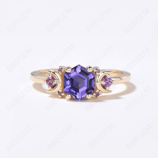 Moon Purple Sapphire Engagement Ring Cluster Hexagon Ring