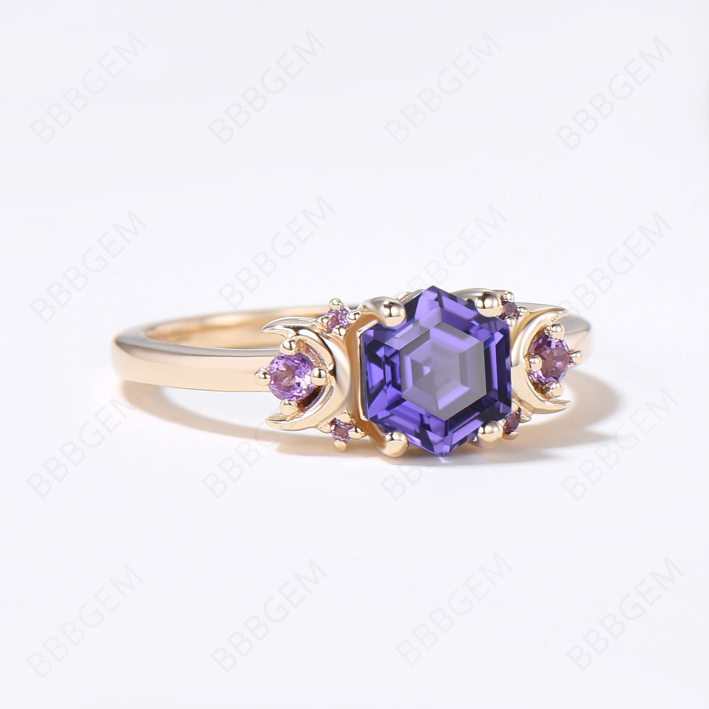 Moon Purple Sapphire Engagement Ring Cluster Hexagon Ring