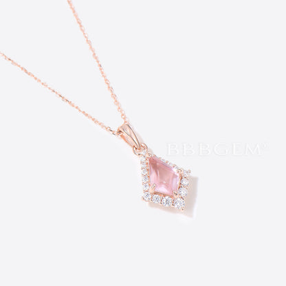 Kite Rose Quartz Necklace Rose Gold Halo Moissanite Pendant