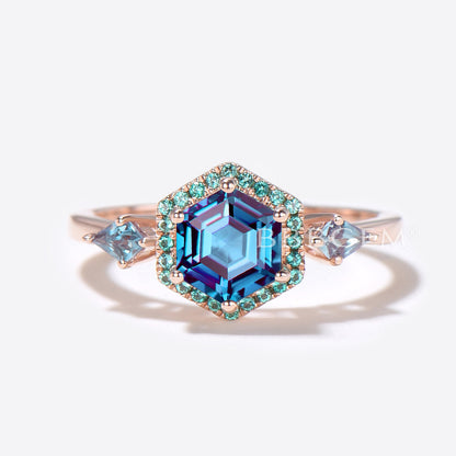 Hexagon Cut Alexandrite Engagement Ring Halo Emerald Ring Set