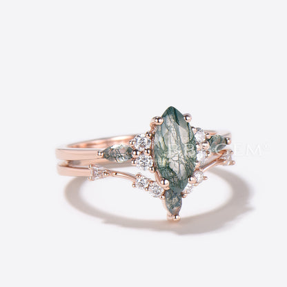 Marquise Natural Moss Agate Engagement Ring Rose Gold 7 Stone Ring