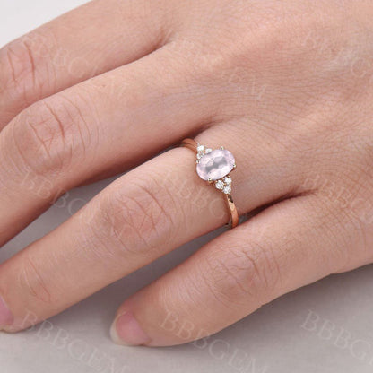 Dainty Rose Gold Rose Quartz Engagement Ring Diamond Ring Plain Gold Band