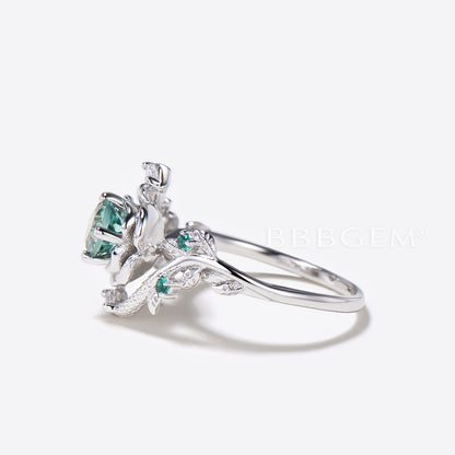 White Gold Snake Engagement Ring Flower Round Green Sapphire Ring