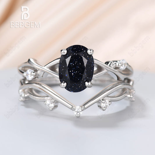 Solitaire Oval Blue Sandstone Engagement Ring Set Willow Twig Vine Blue Goldstone Diamond Ring 14K White Gold-BBBGEM Women Ring Set