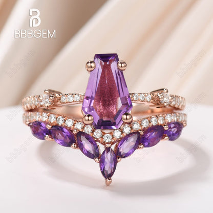 Coffin Purple Amethyst Engagement Rings with Crystal Birthstone Statement Rings Set