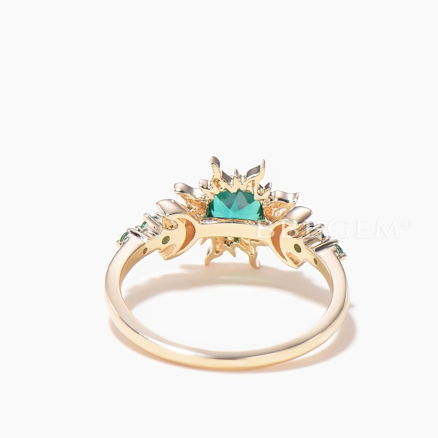 Round Cut Emerald Moon Engagement Ring Rapunzel Inspired Sun Celestial Ring
