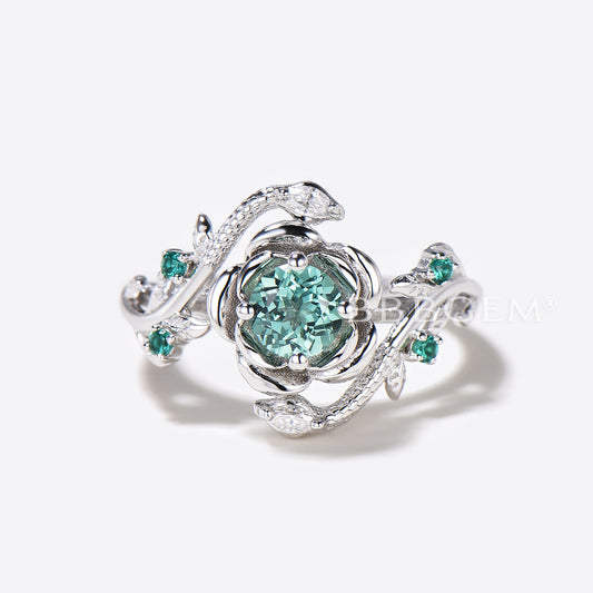 White Gold Snake Engagement Ring Flower Round Green Sapphire Ring