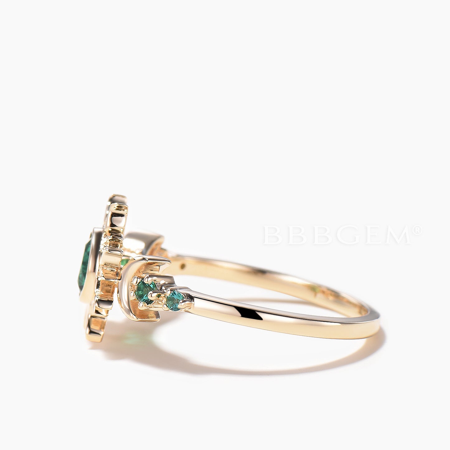 Round Cut Emerald Moon Engagement Ring Rapunzel Inspired Sun Celestial Ring