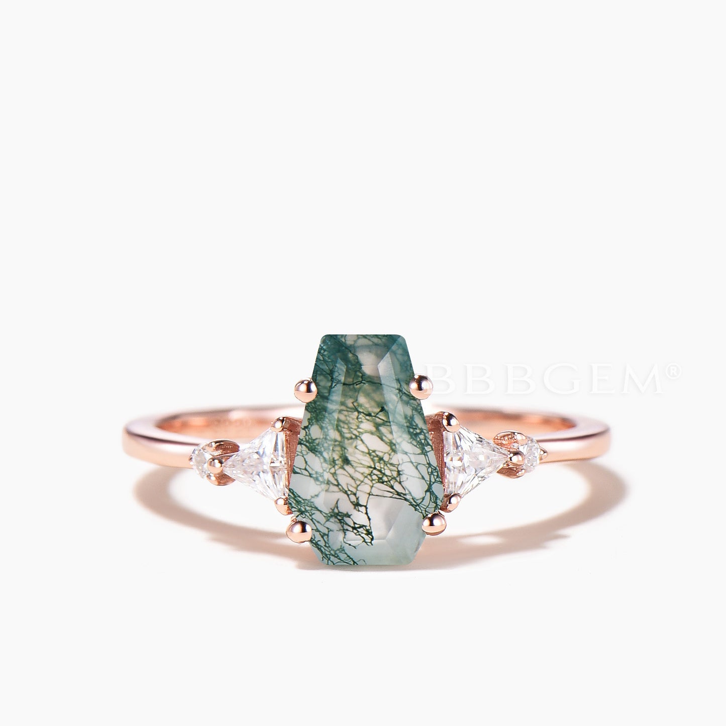 Coffin Cut Natural Moss Agate Engagement Ring Trillion Moissanite Cluster Ring