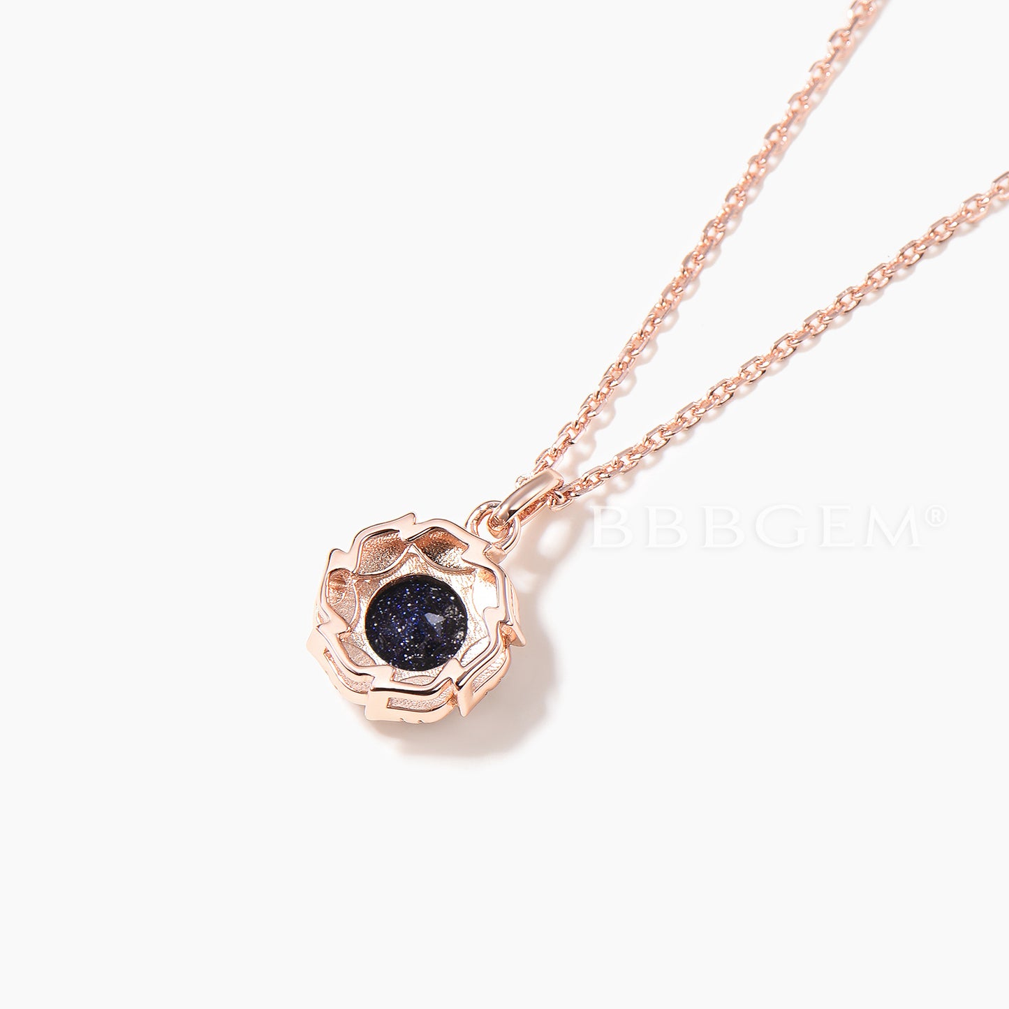 Round Cut Blue Sandstone Solitarie Pendant Leaf Halo Nature Inspired Necklace