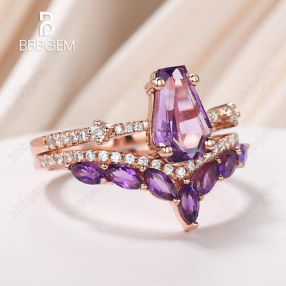 Coffin Purple Amethyst Engagement Rings with Crystal Birthstone Statement Rings Set