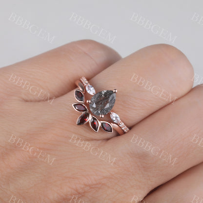 Black Rutilated Quartz Engagement Ring Rose Gold Wedding Ring Set Garnet Matching Band