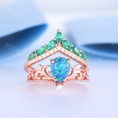 Black Opal Emerald Engagement Ring Set