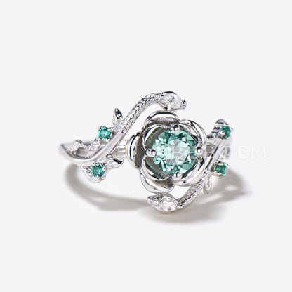 White Gold Snake Engagement Ring Flower Round Green Sapphire Ring