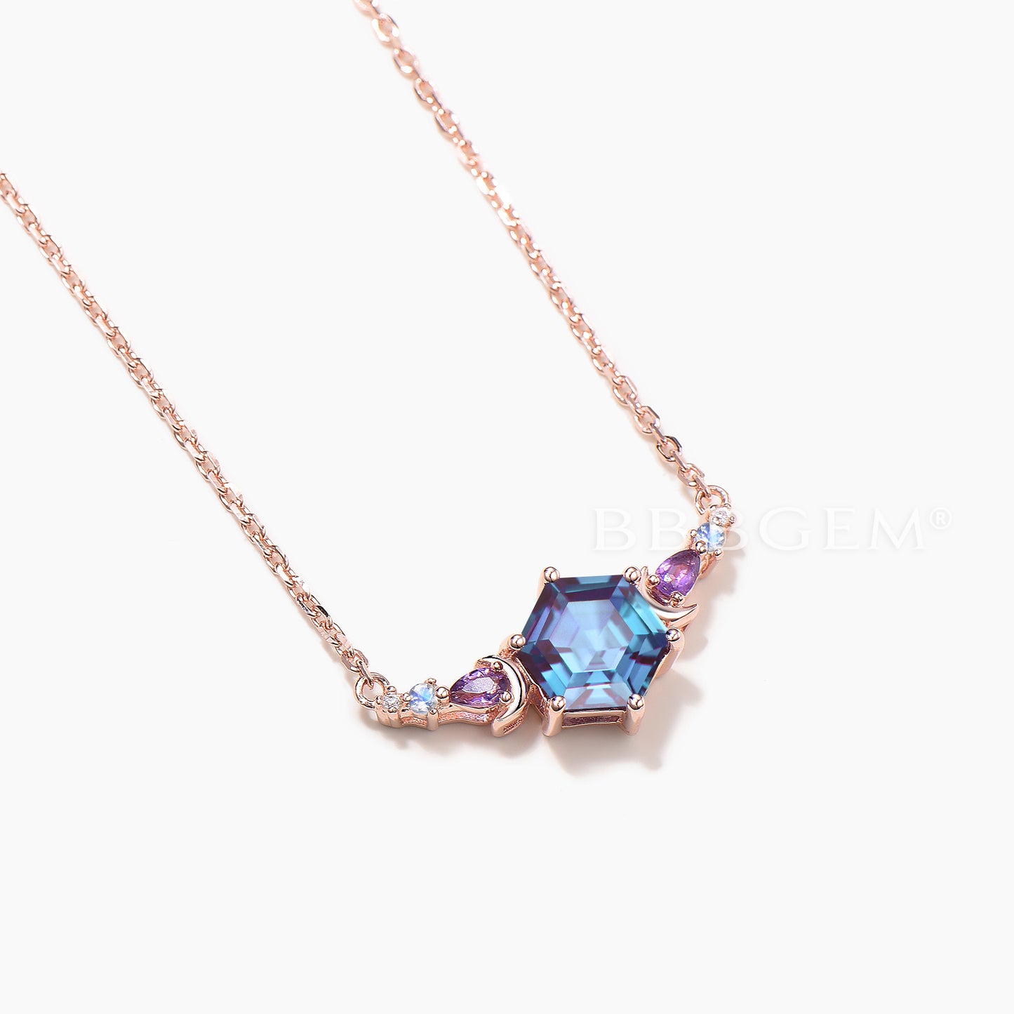 Hexagon Cut Color-change Alexandrite Necklace Amethyst Moonstone Moon Pendant