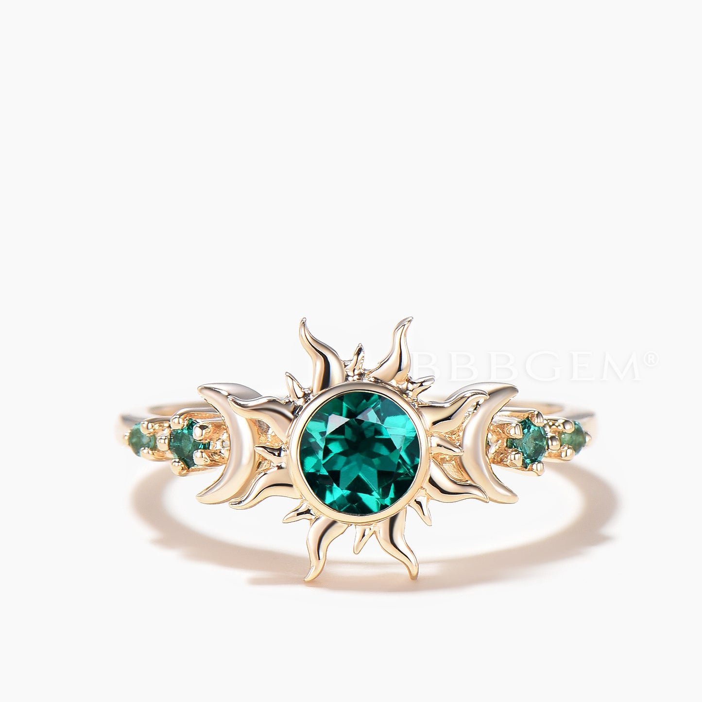 Round Cut Emerald Moon Engagement Ring Rapunzel Inspired Sun Celestial Ring