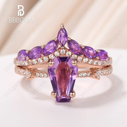 Coffin Purple Amethyst Engagement Rings with Crystal Birthstone Statement Rings Set