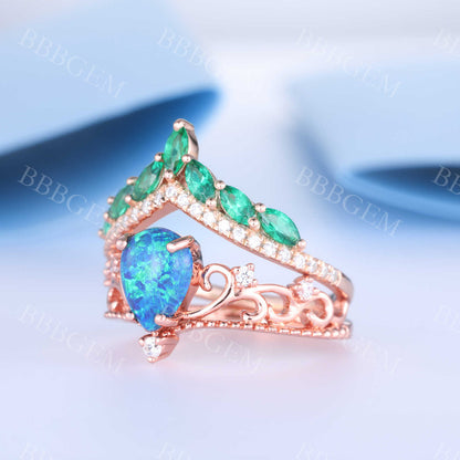 Black Opal Emerald Engagement Ring Set Rose Gold Vintage Antique Floral Wedding Ring