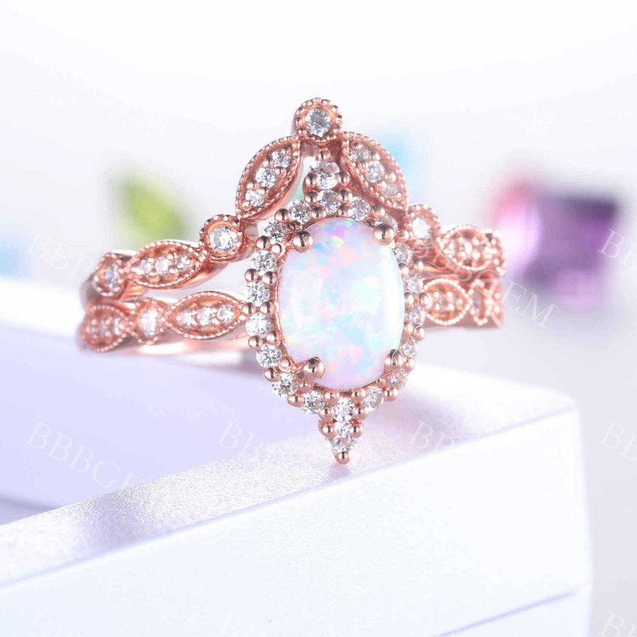 Vintage Oval White Opal Engagement Ring Set