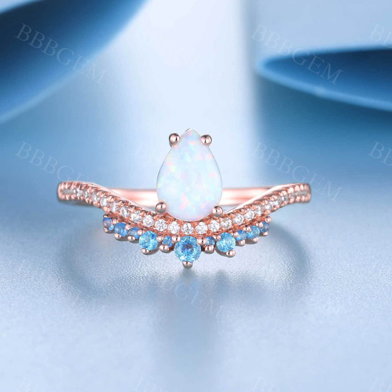 White Opal Diamond Engagement Ring Blue Topaz Ring