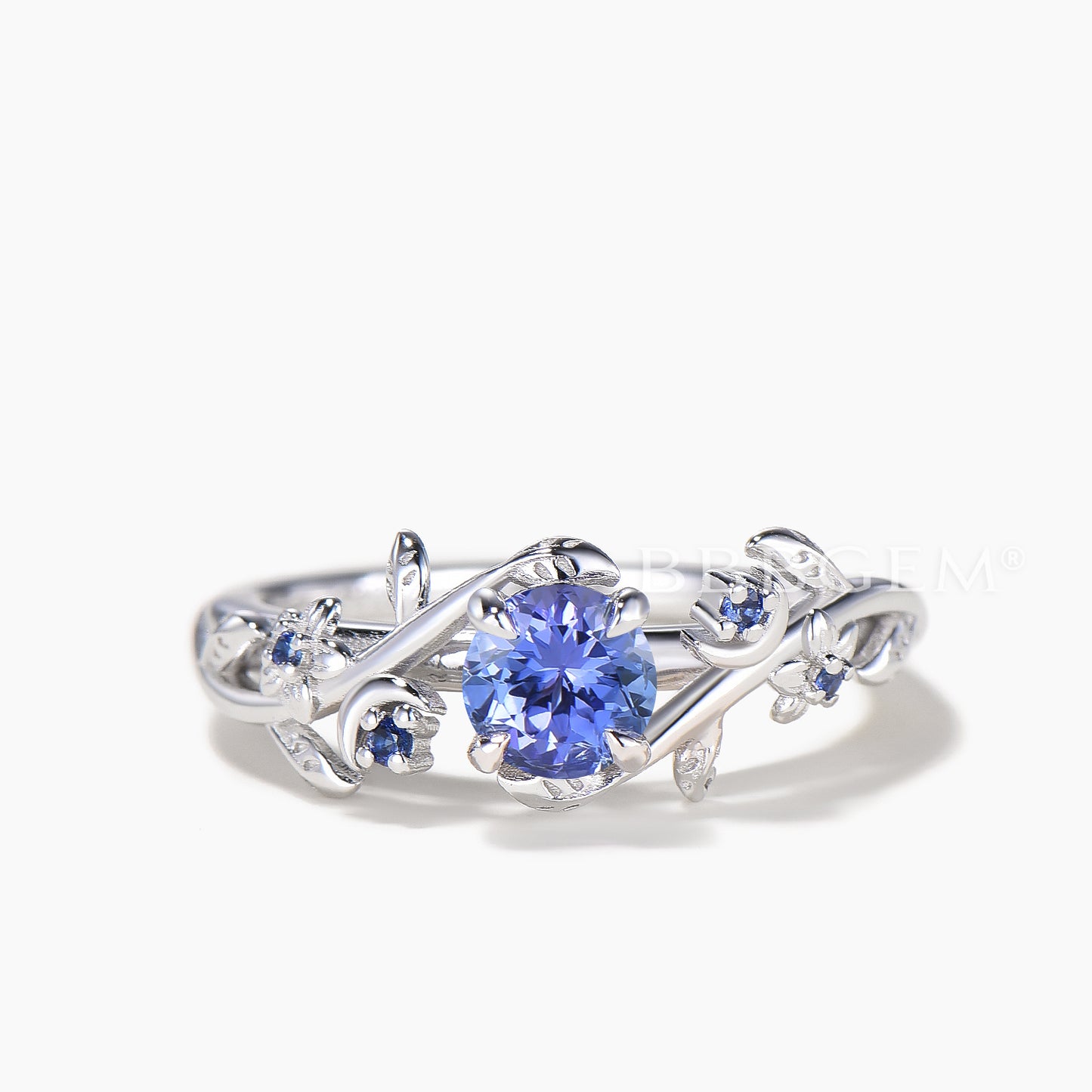 Round Cut Natural Tanzanite Engagement Ring Sapphire Leaf Inspired Ring