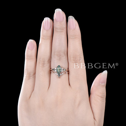 Marquise Natural Moss Agate Engagement Ring Rose Gold 7 Stone Ring