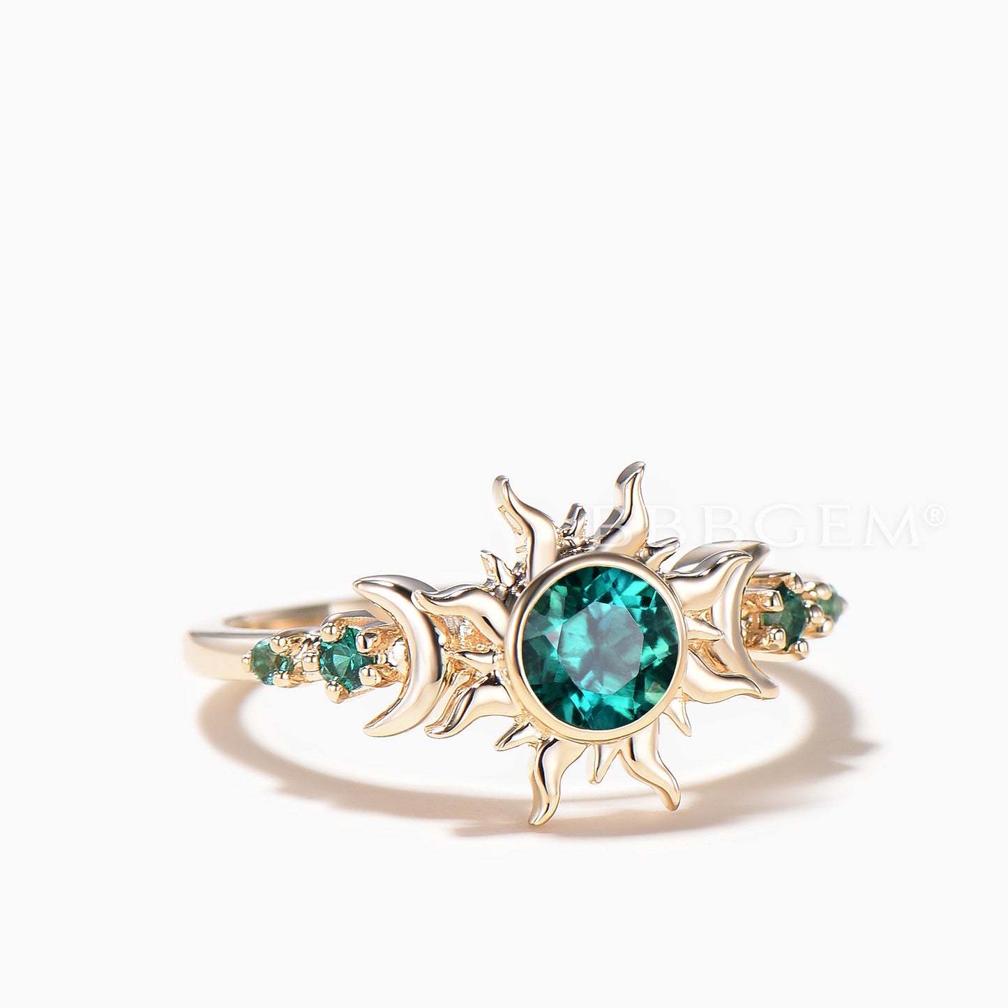 Round Cut Emerald Moon Engagement Ring Rapunzel Inspired Sun Celestial Ring
