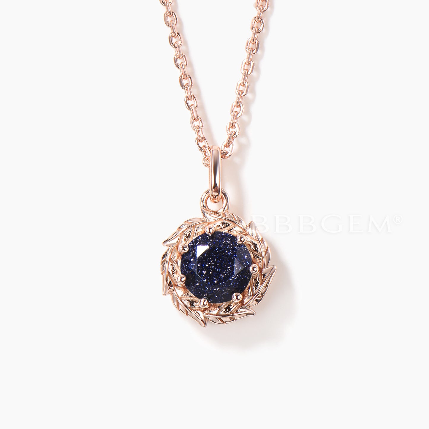 Round Cut Blue Sandstone Solitarie Pendant Leaf Halo Nature Inspired Necklace